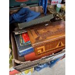 A box of LPs, an inlaid sewing box and contents, and a cashmere scarf