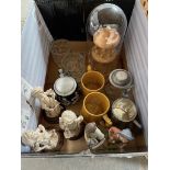 A mixed box to include figurines, ceramic, pewter and glass tankards, and a thimble display stand