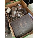 A box of misc. including metal ware, a cast metal money bank, family bible etc.