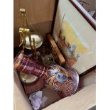 Scientific set of scales with boxed weights, a humorous picture and a hand painted decanter / vase.