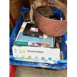 A box of old artist's requisites comprising mainly watercolour paints and brushes etc. together with