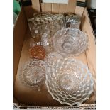 A box of Fostoria American "Cube" pattern glass ware.