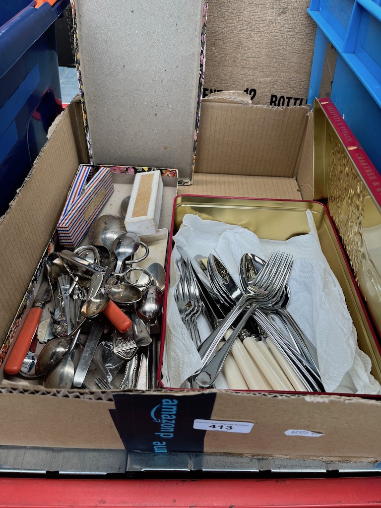 A box of assorted cutlery etc.