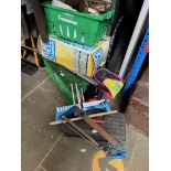 A Shakespeare fishing box, net, hockey stick, rear car bike carrier, axle stands, mitre saw