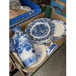 Box of blue and white ceramics