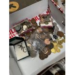 A box of coins and tokens, 2 wristwatches and a lizard brooch marked 925