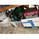 9 boxes of miscellaneous items including toys, ornaments, tools, garage wares, glass lighting, etc.
