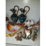 Collectables including art glass bowl, a pair of vases, a Beswick eagle, two Goebel figures,