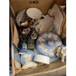 A box of assorted china to include a Royal Crown Derby cup ( AF ), Wedgwood and various pieces of