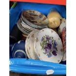 A box of misc ceramics to include Royal Albert collector's plates, an Adams Jasperware tea pot, etc.