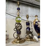 Two brass and glass table lamps (no shades)