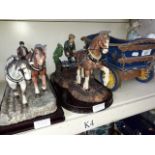 2 large models of working farm horses together with wooden cart appx 33cm long