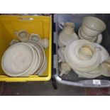 2 boxes of studio ceramics including jugs, bowls, plates cups etc