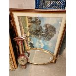 A barometer, a gilt framed mirror and a print.