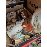 A box of china and collectables including Chinese doll and cheese dome, a box of china and