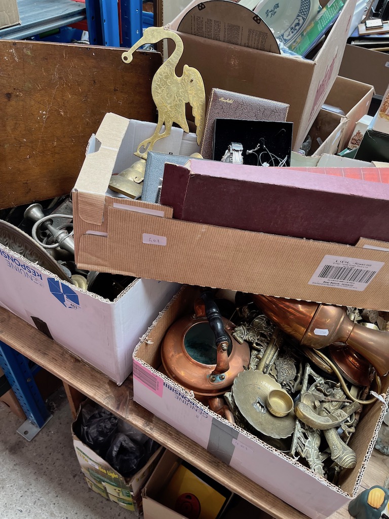 3 boxes containing large quantity of metalware including brass, copper and some silverplated