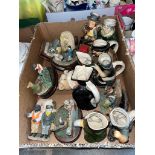 A box of ceramics to include Staffordshire character jug, Wind in the Willows figures by Academy etc