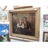 19th century school, oil on canvas, man and woman seated, 64.5cm x 57cm, framed.