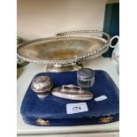 A plated bon-bon dish, boxed 1977 plated spoons and 3 silver hallmarked items.