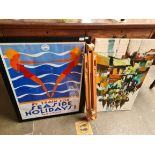 A Continental oil on canvas signed 'REY', a beech easel and an a framed travel poster.