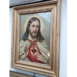 Late 19th/ early 20th century religeous print on canvas, 'Sacred Heart of Jesus', 36cm x 51cm,