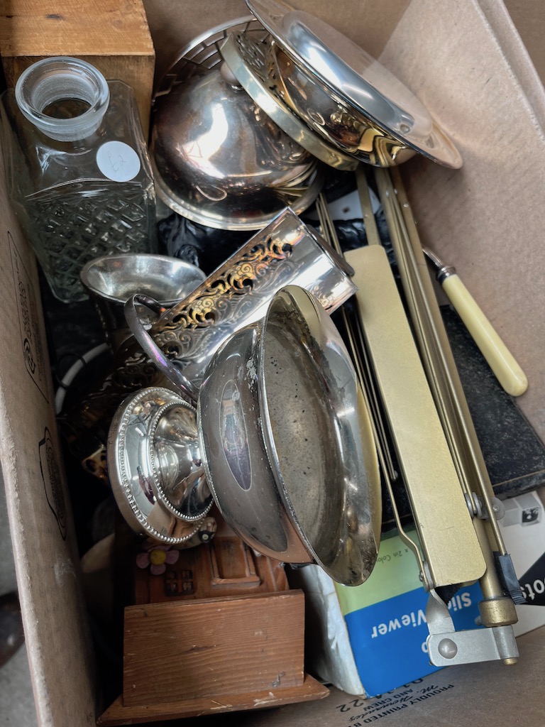 A box of silverplated items, glass, treen, ornaments, etc