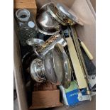 A box of silverplated items, glass, treen, ornaments, etc