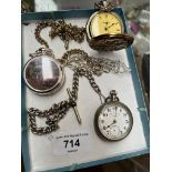 3 pocket watches including West End Watch Co and 1 with hunting scene.