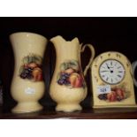 Aynsley 'Orchard Gold' vase & jug, each approx 20cm and a mantle clock