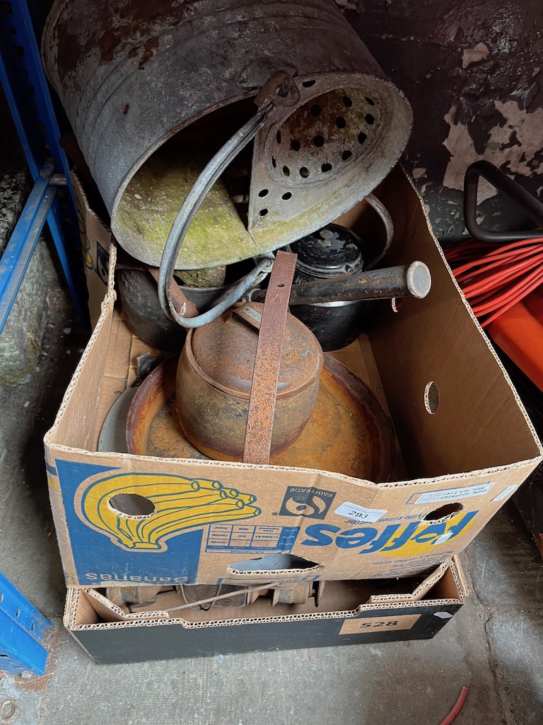 2 boxes of mixed metalware including galvanised bucket