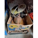 2 boxes of mixed metalware including galvanised bucket