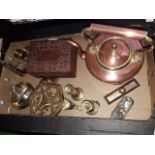 Box of metalware inc. copper kettle