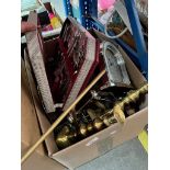 A box of metalware, brassware, platedware, clock, cutlery, etc.