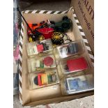 A box of die-cast model vehicles, horse and carriage etc.