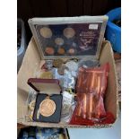 A box of medallions, coin set, badges & a bag of bullet casings