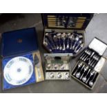 An oak cased canteen of plated cutlery, 3 other sets of silver plated cutlery and a boxed Coalport