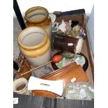 A mixed box to include stoneware storage jars, Lilliput lane and similar cottages, treen etc