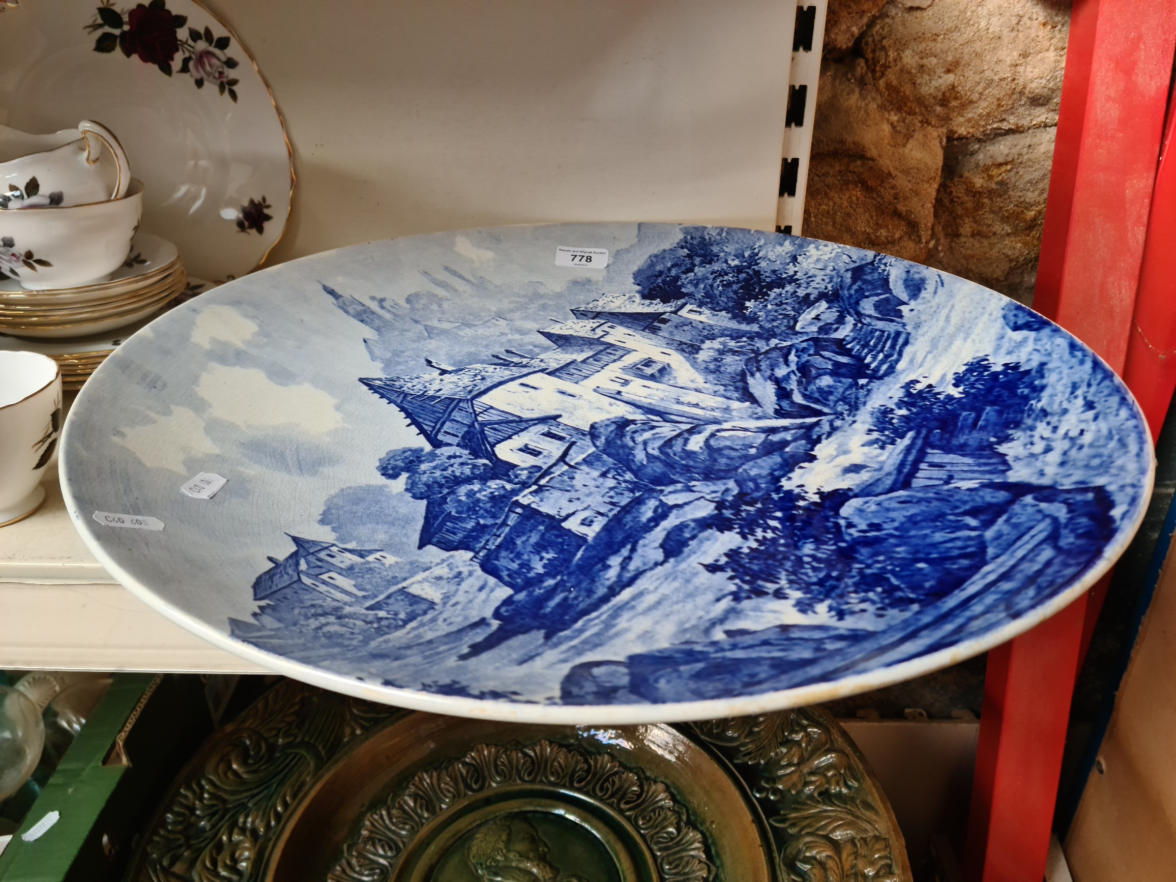 A rare large Villeroy & Boch Dresden c1890 blue and white charger with Bavarian mountain scene