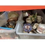 2 boxes of misc including ceramics, glass, metalware, Smiths clock, brass / metal telephone, a