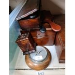 Treen items including writing slope with inkwell and key, a wooden money box, a wooden box with