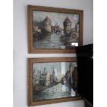 Pair of 20th century continental coloured etchings, Bruges and Kortrijk Tower Bridge, Belgium,