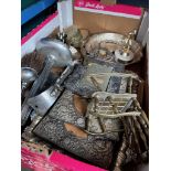 A box of metal wares, including fireside set, photo frames and plated ware