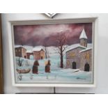 20th century school, oil on board, monks in the snow, 39cm x 29cm, signed 'NERIO 78', framed.