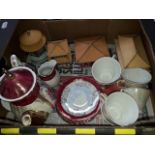 Small box of teaware and Japanese style musical ornaments