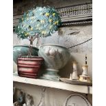 A pair of large ceramic planters, a vintage dressing table set, and a metal ornament in the shape of