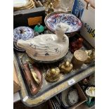 A metal tray with Egyptian images, various pieces of brassware, oriental bowl, ceramic dish with