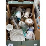 A box of mixed pottery and glass including Shelley, Denby, Wedgwood etc.