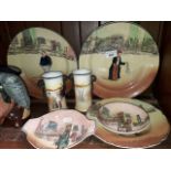 6 pieces of Royal Doulton Dickens ware with 2 Doulton series ware vases