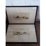 Frank Henry Mason (1875-1965), pair of dry point etchings, warships, 22cm x 10cm, signed 'F H Mason'