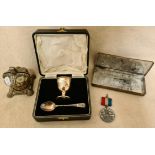 A hallmarked silver christening set of 2 in original box, a 1937 coronation tin box and a 1953